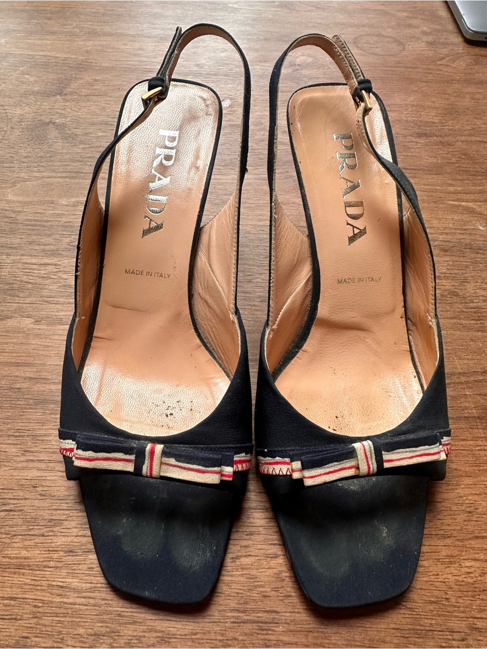 Prada Navy Slingback Peep-Toe Heels with Red and Cream Bow Accent